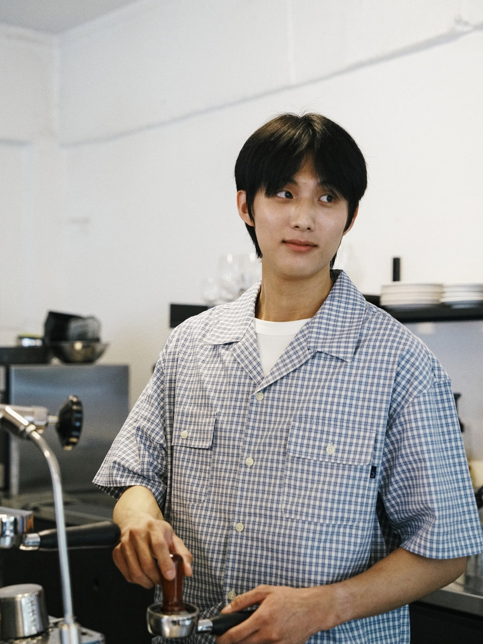 Window Check Open Collar Shirts (Light Blue)