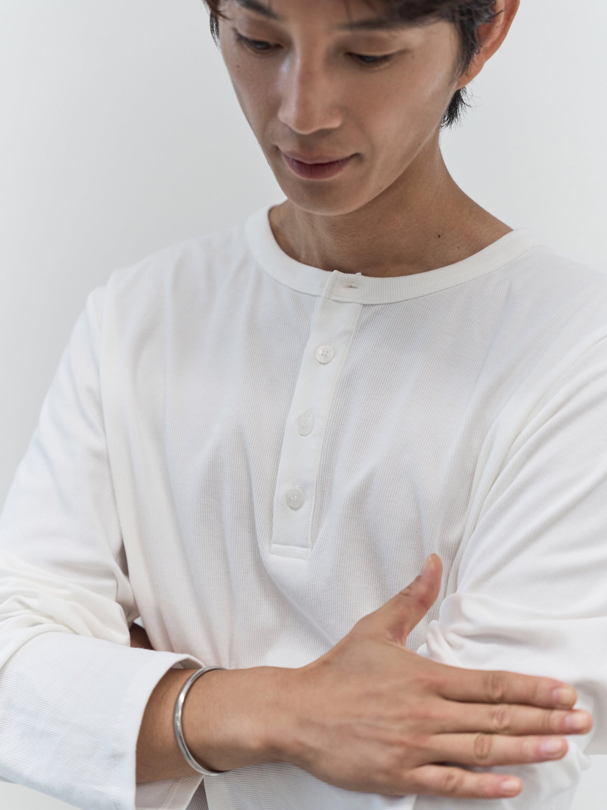 Henley Neck Long Sleeve T-Shirt (White)
