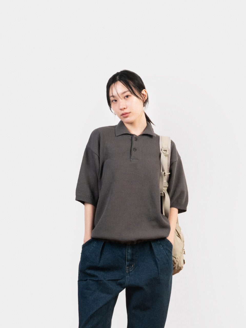 Airy Cotton Collar Knit (Charcoal)