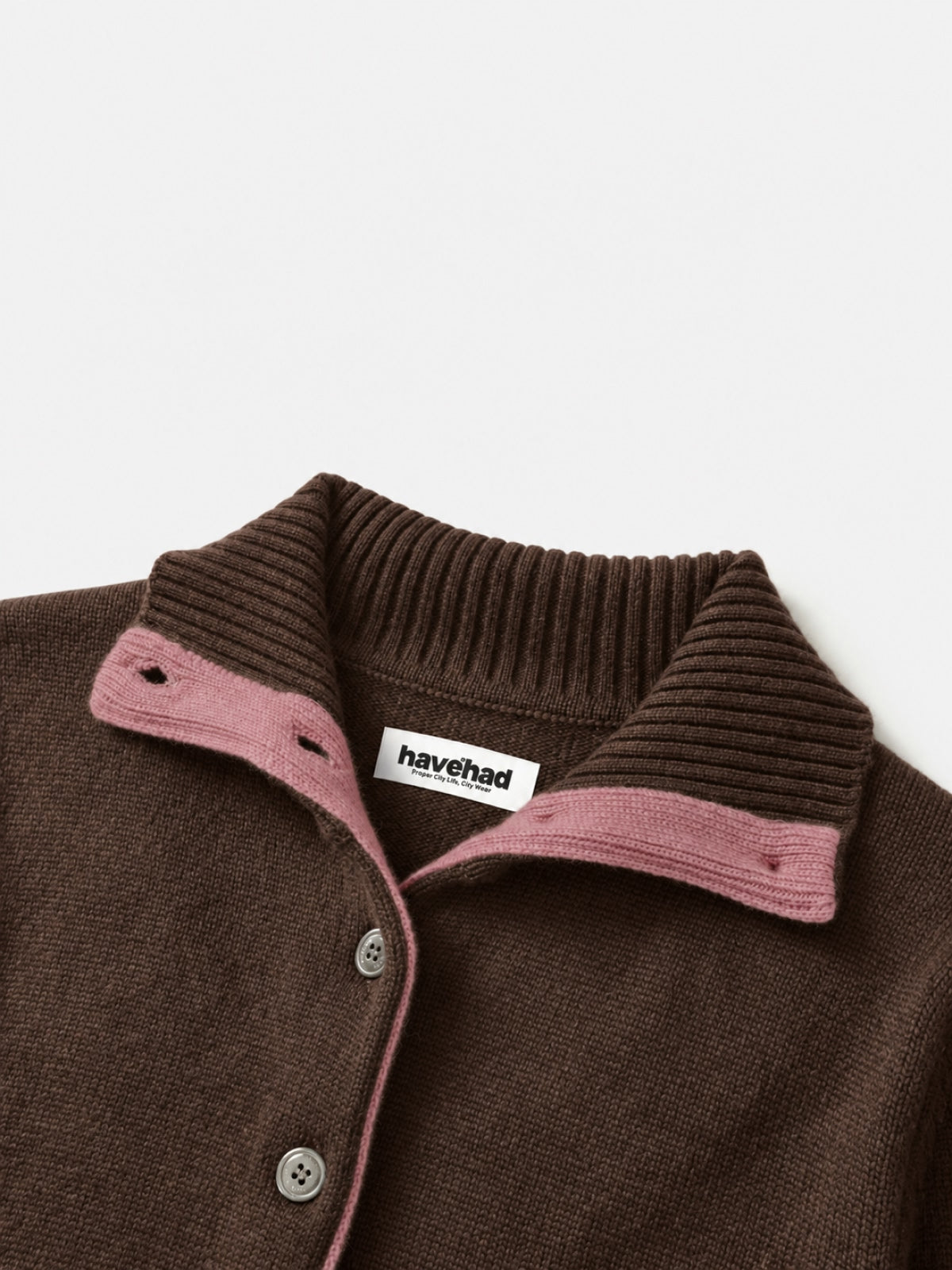High-Neck Two-Tone Cardigan (Brown-Pink)