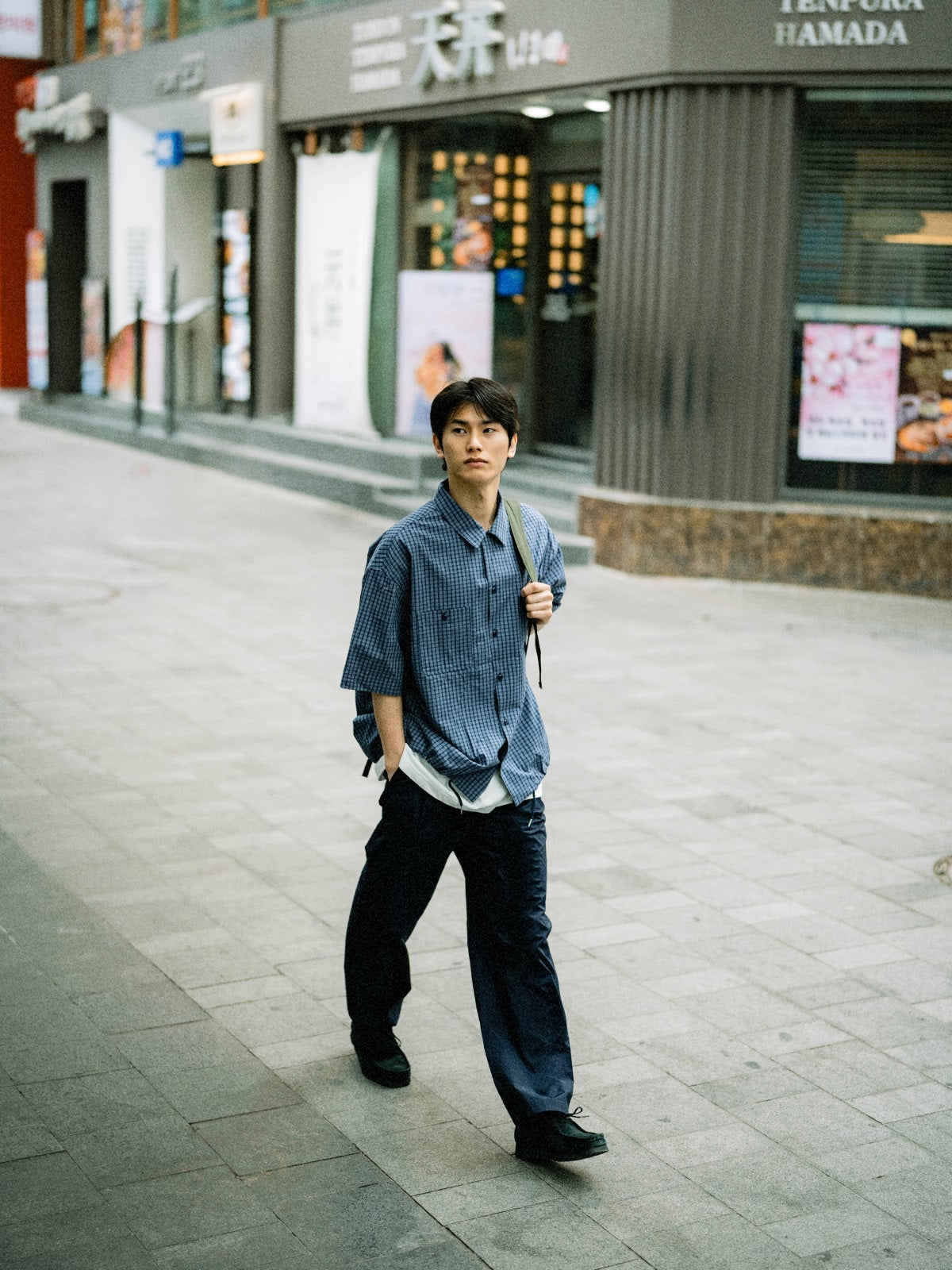 Open Collar Check Shirts (Charcoal)