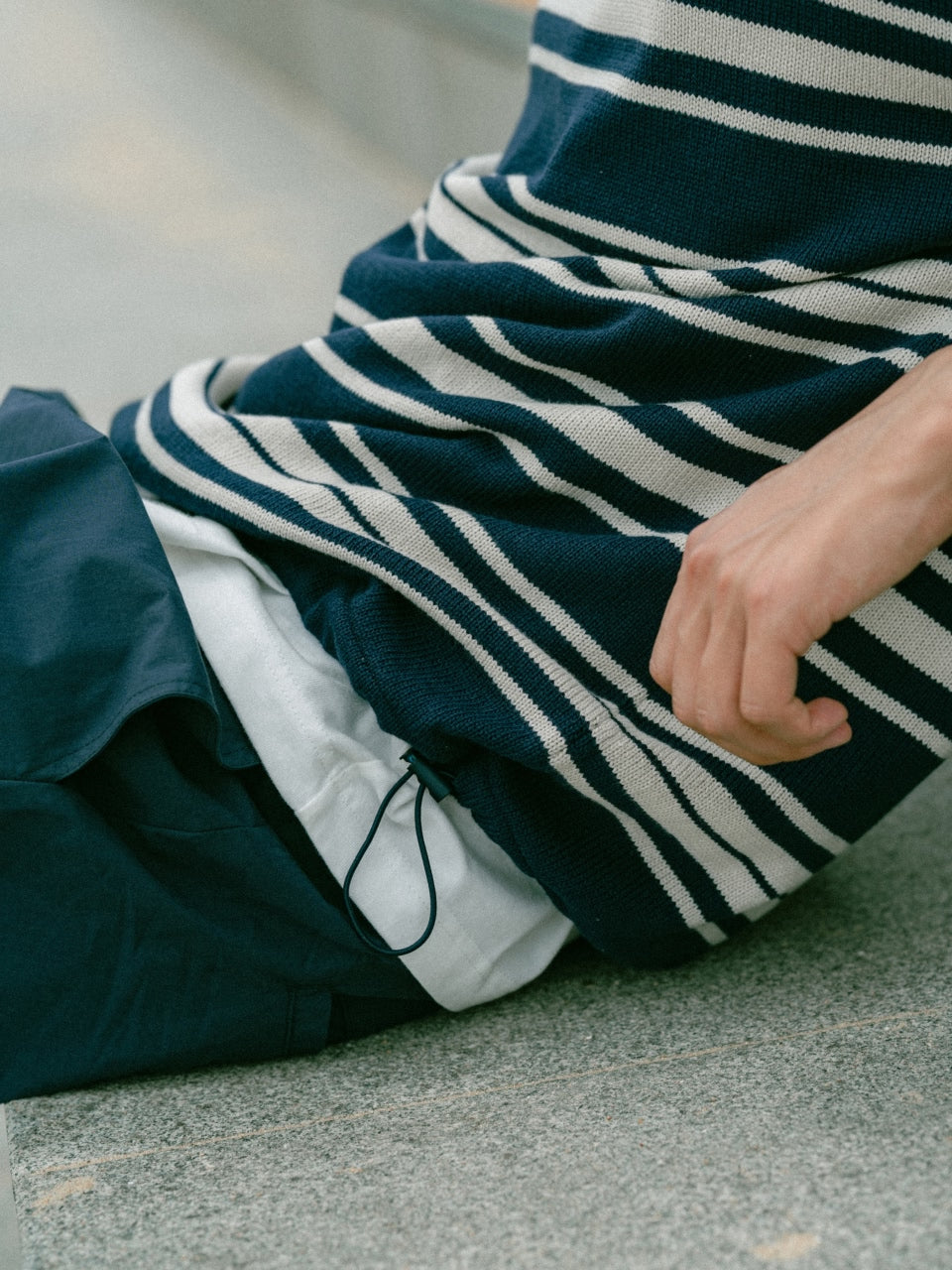 Airy Cotton Collar Knit (Stripe Navy)