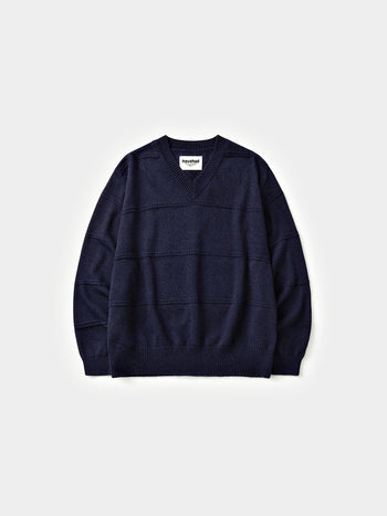Cable Stripe V-Neck Knit (Navy)