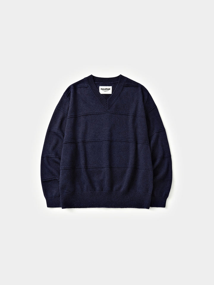 Cable Stripe V-Neck Knit (Navy)
