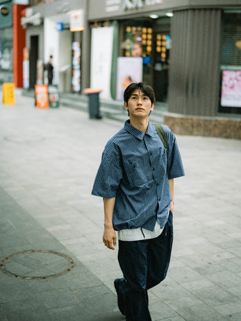 Open Collar Check Shirts (Navy)