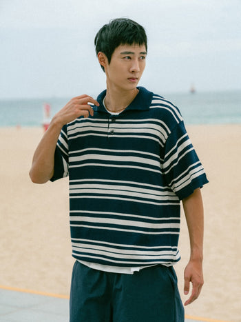 Airy Cotton Collar Knit (Stripe Navy)
