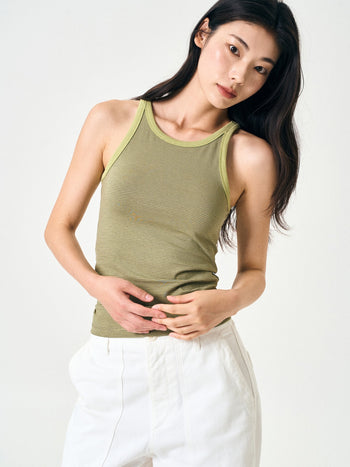 U-neck Sleeveless Top (Stripe Olive)