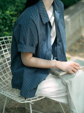 Open Collar Check Shirts (Navy)