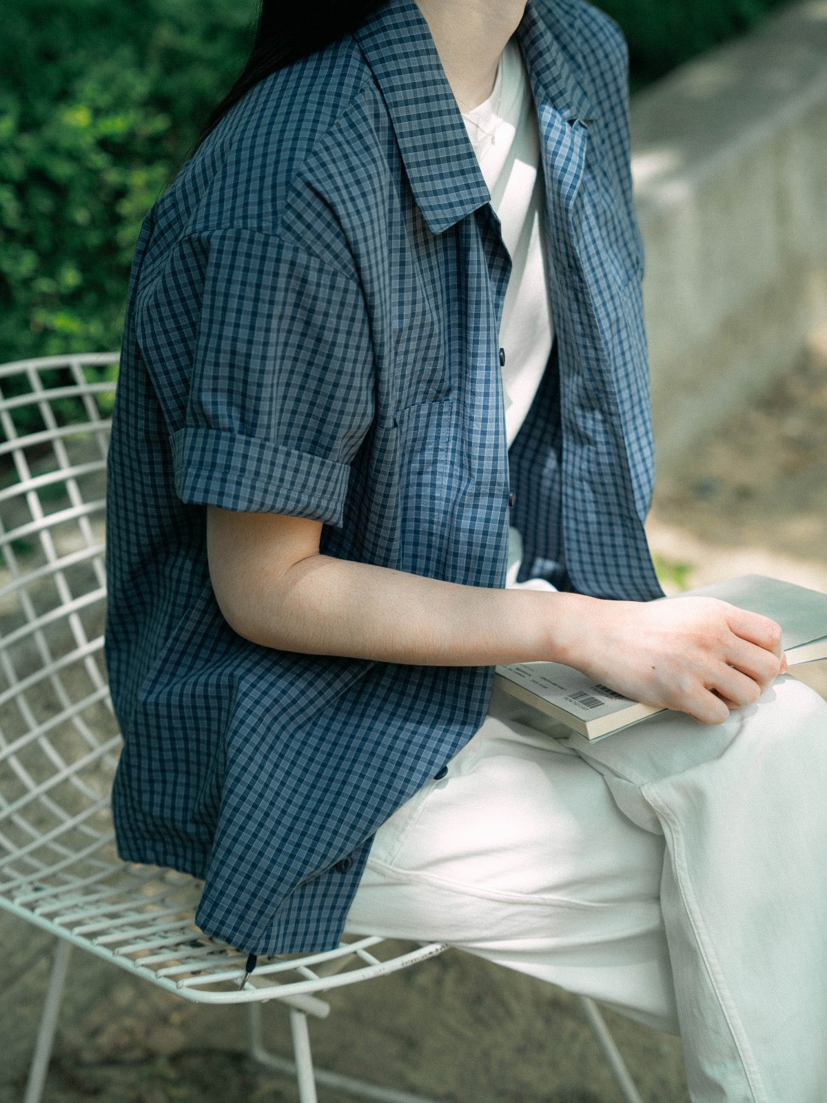 Open Collar Check Shirts (Navy)