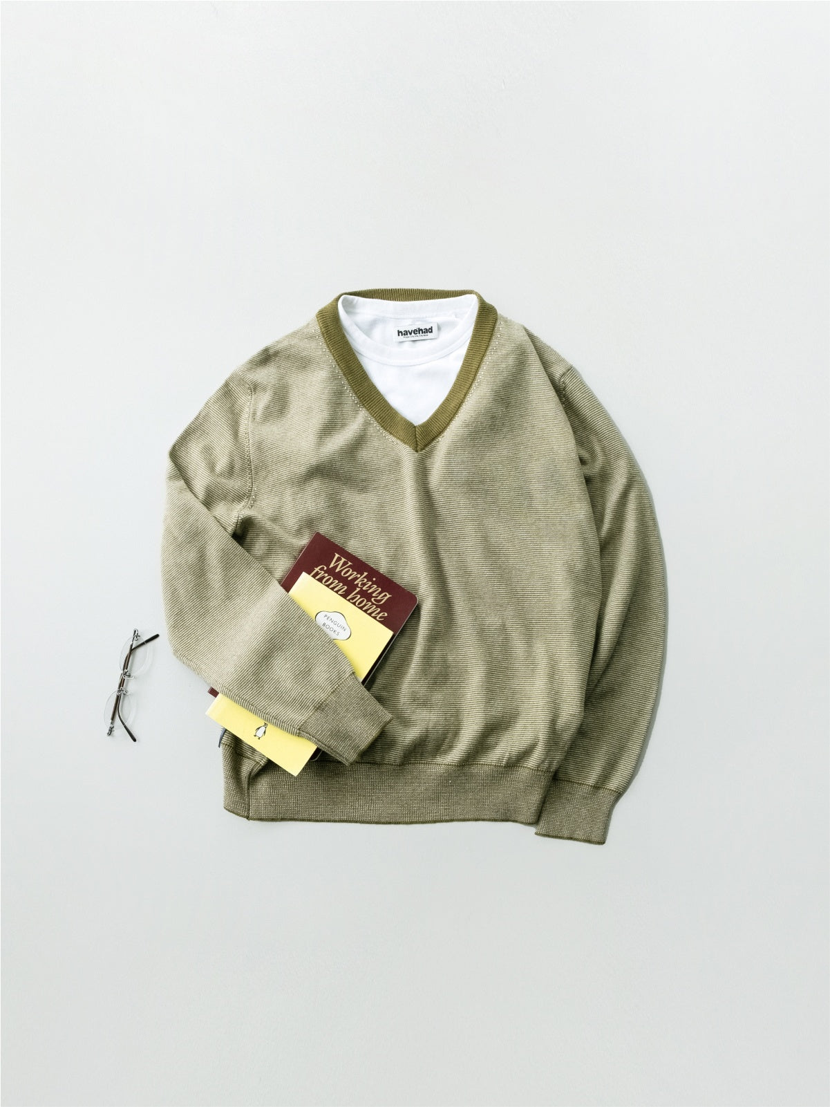 (W)Pin-Stripe V-neck Knit - Olive | W0 (S)