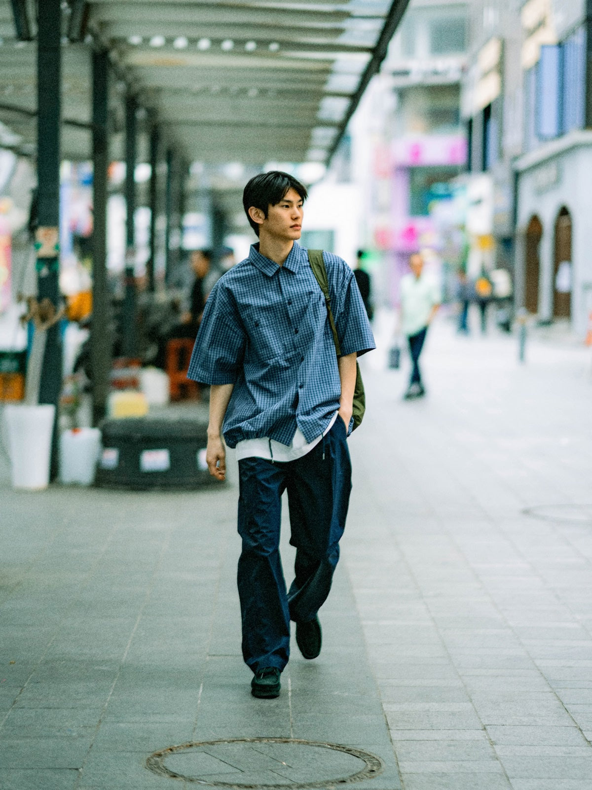 Open Collar Check Shirts (Navy)