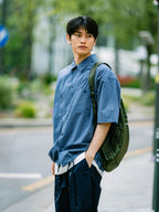 Open Collar Check Shirts (Navy)
