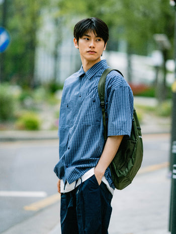 Open Collar Check Shirts (Navy)