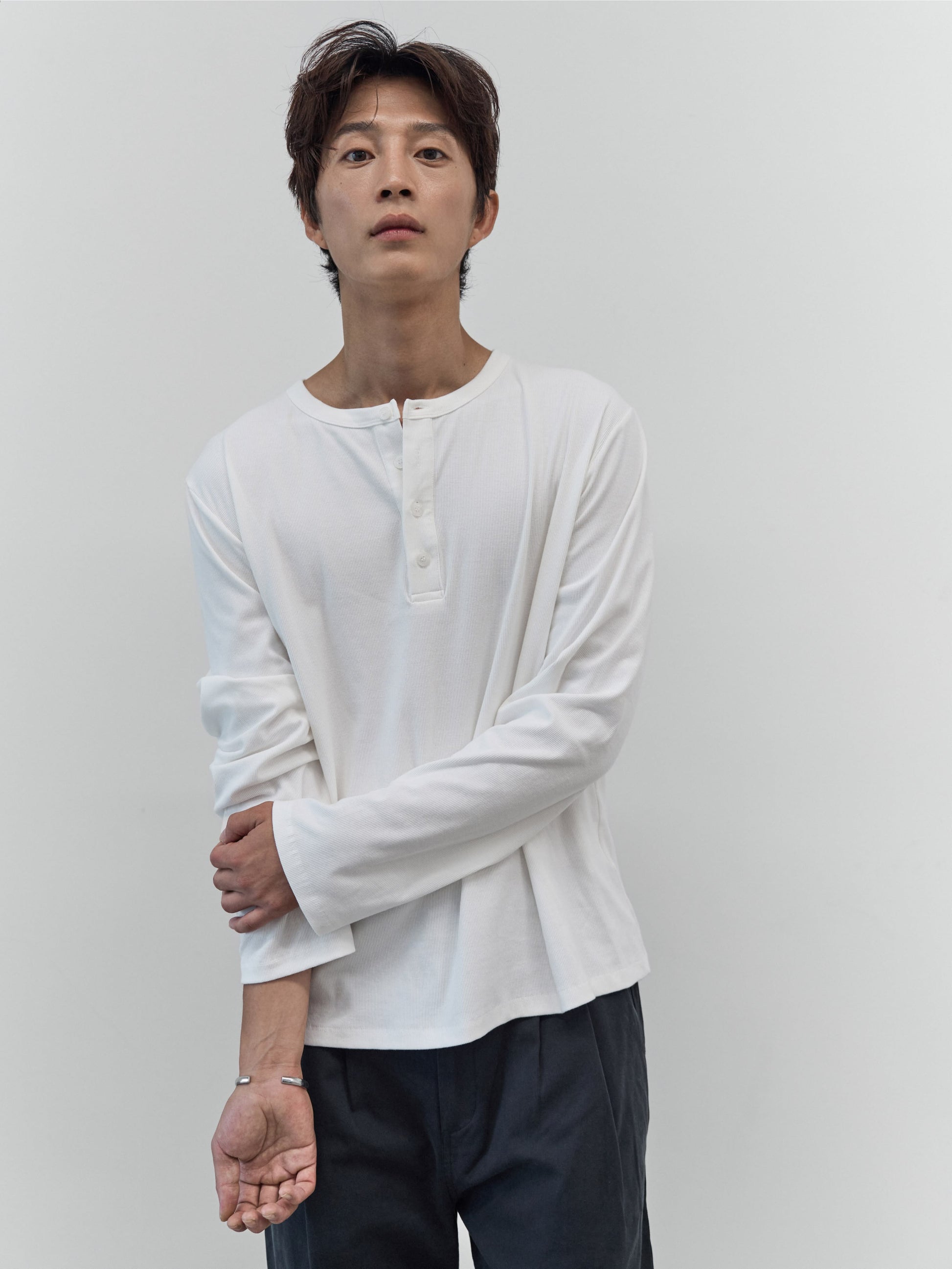 Henley Neck Long Sleeve T-Shirt (White)