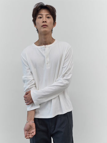Henley Neck Long Sleeve T-Shirt (White)