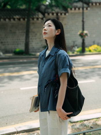 Open Collar Check Shirts (Navy)