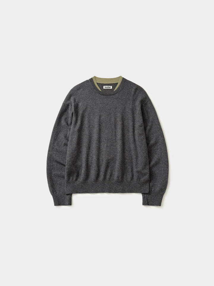 Layered Wool Crew Knit (Charcoal-Olive)