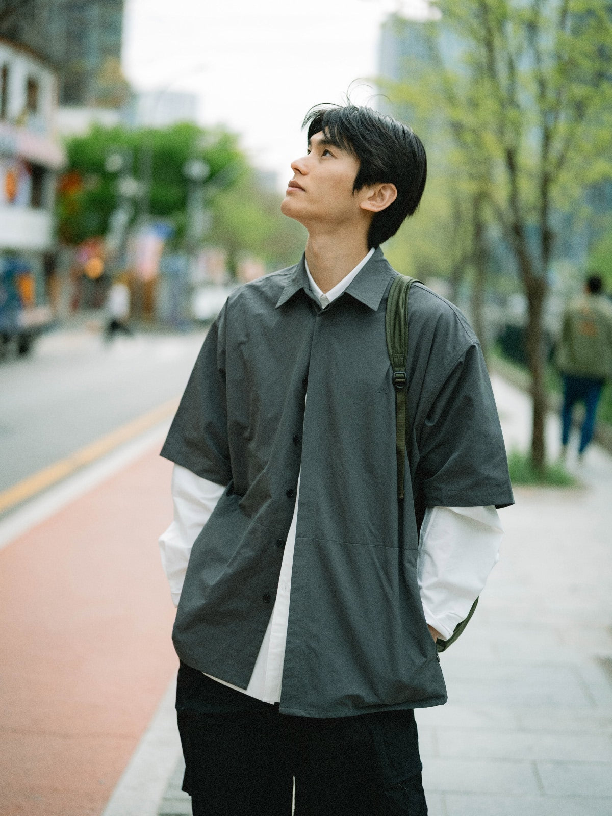 Hidden Type Half Sleeve Shirts (Navy)