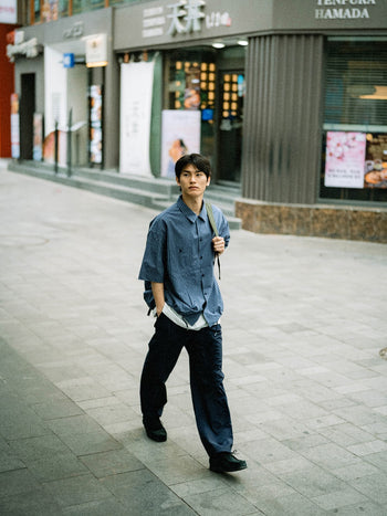 Open Collar Check Shirts (Beige)