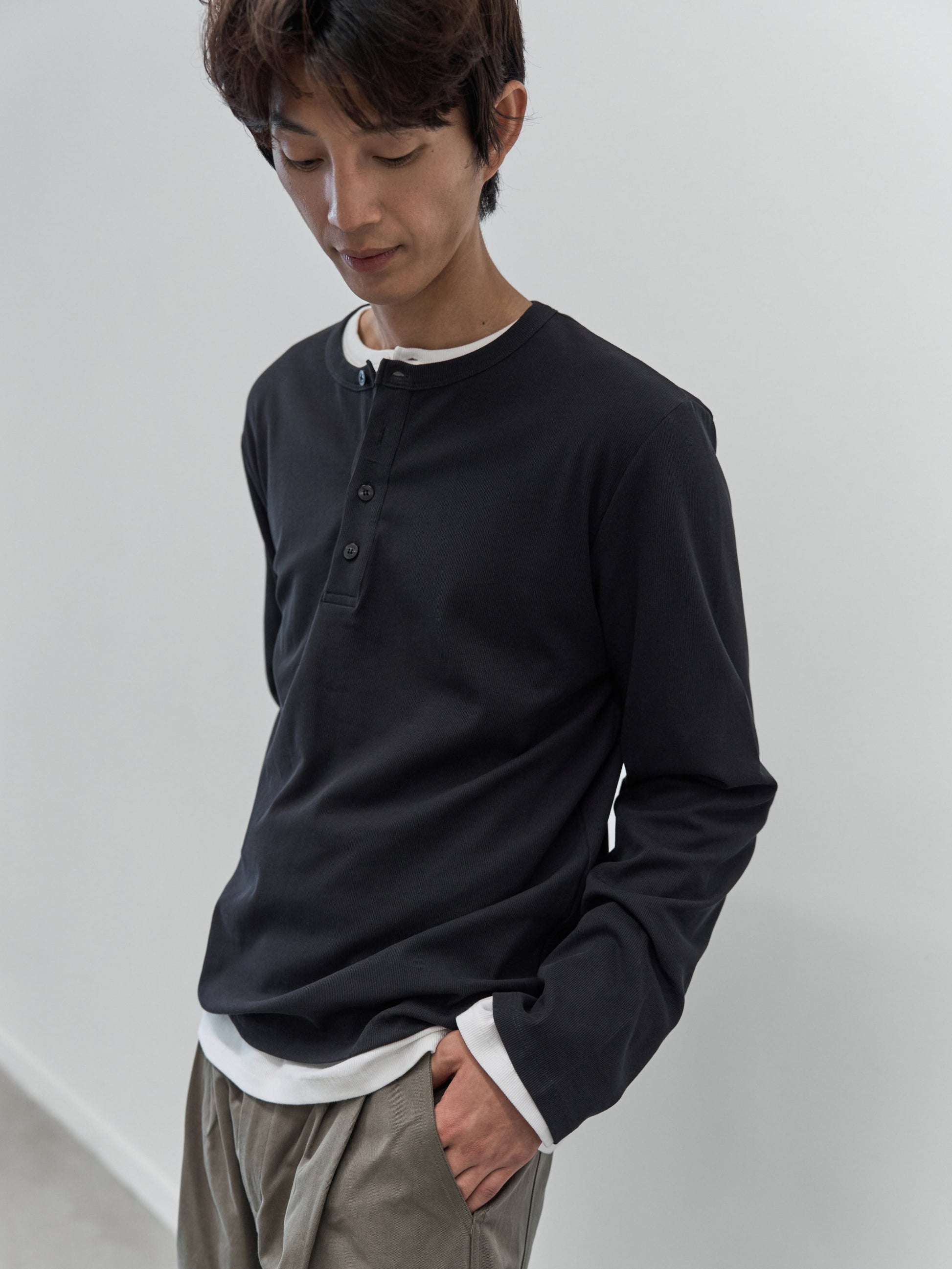 Henley Neck Long Sleeve T-Shirt (White)