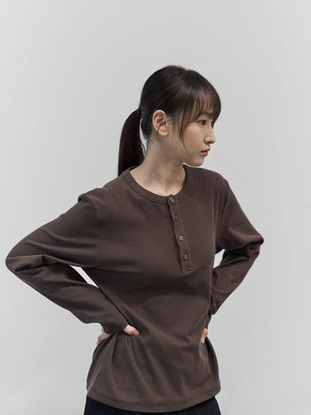 Henley Neck Long Sleeve T-Shirt (Brown)