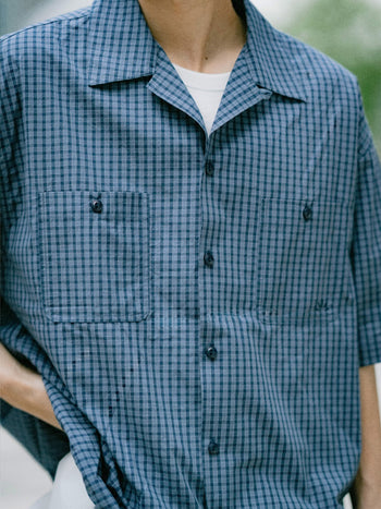 Open Collar Check Shirts (Beige)